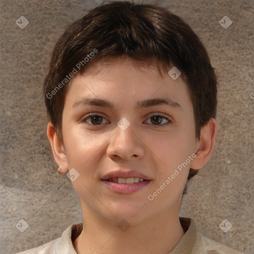 Joyful white child female with short  brown hair and brown eyes