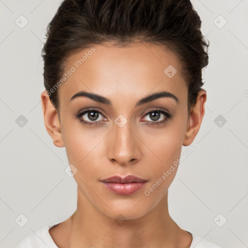 Neutral white young-adult female with short  brown hair and brown eyes