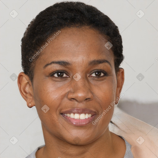 Joyful black young-adult female with short  brown hair and brown eyes