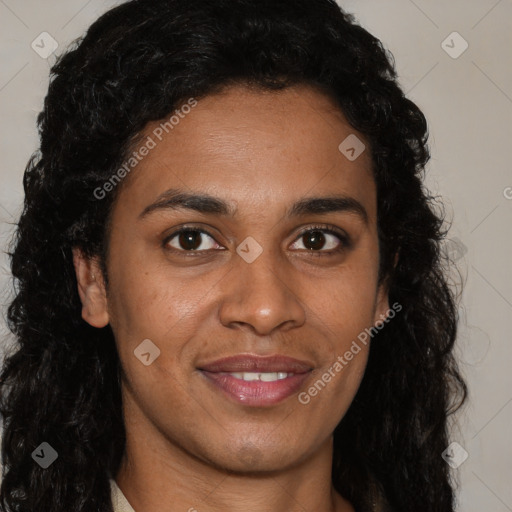 Joyful latino young-adult female with long  brown hair and brown eyes