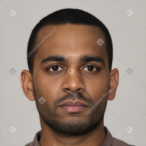 Neutral latino young-adult male with short  black hair and brown eyes