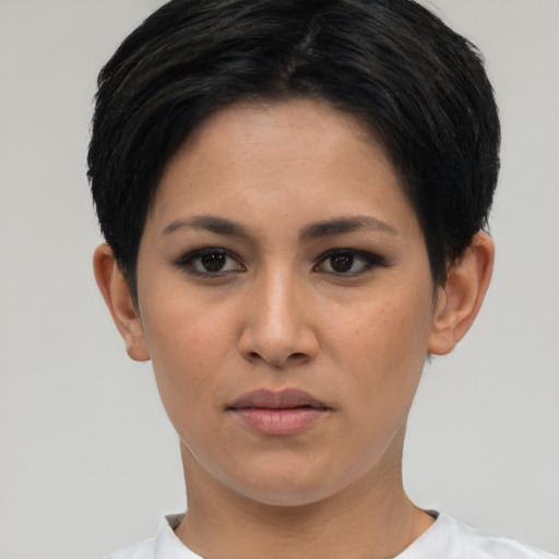 Neutral asian young-adult female with short  black hair and brown eyes