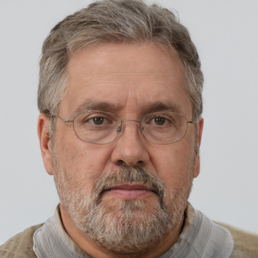 Neutral white middle-aged male with short  gray hair and brown eyes