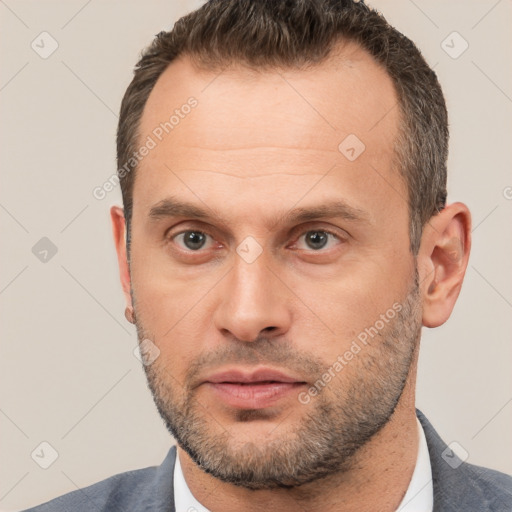 Neutral white adult male with short  brown hair and brown eyes