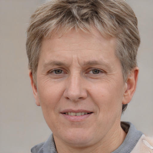 Joyful white adult male with short  brown hair and grey eyes