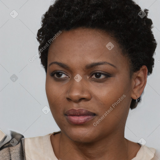 Neutral black young-adult female with short  black hair and brown eyes