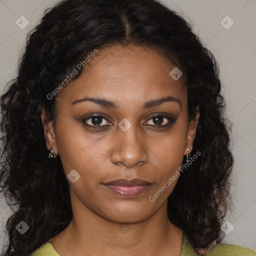 Joyful black young-adult female with medium  brown hair and brown eyes