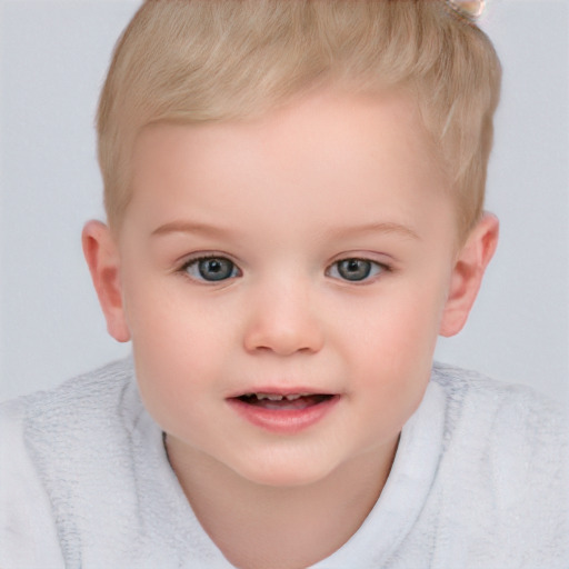 Joyful white child female with short  brown hair and grey eyes