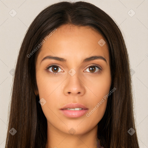 Neutral white young-adult female with long  brown hair and brown eyes