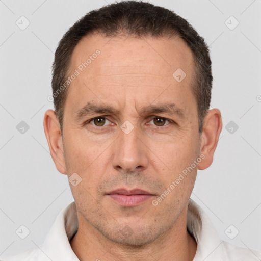 Neutral white adult male with short  brown hair and brown eyes