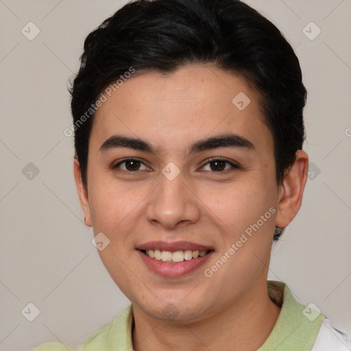 Joyful white young-adult female with short  brown hair and brown eyes