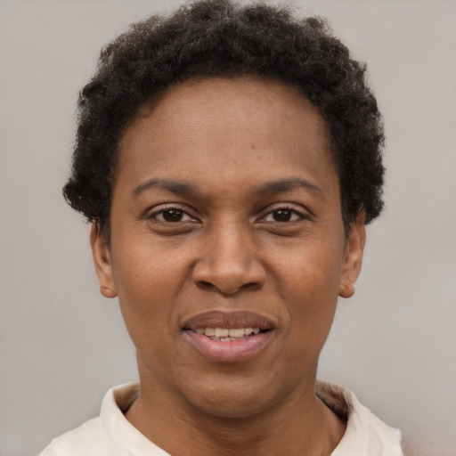 Joyful black adult female with short  brown hair and brown eyes