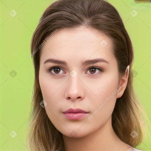 Neutral white young-adult female with long  brown hair and brown eyes