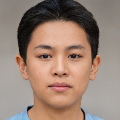 Neutral asian young-adult male with short  brown hair and brown eyes