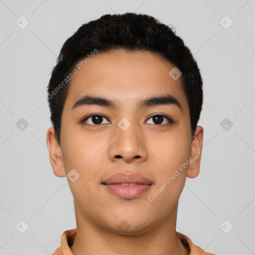 Joyful asian young-adult male with short  black hair and brown eyes