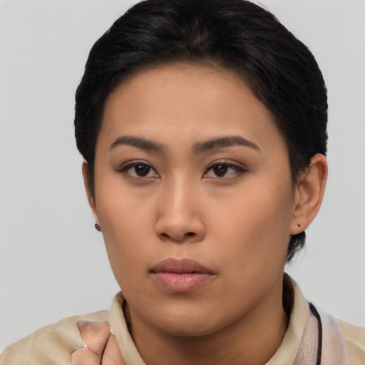 Neutral asian young-adult female with short  black hair and brown eyes