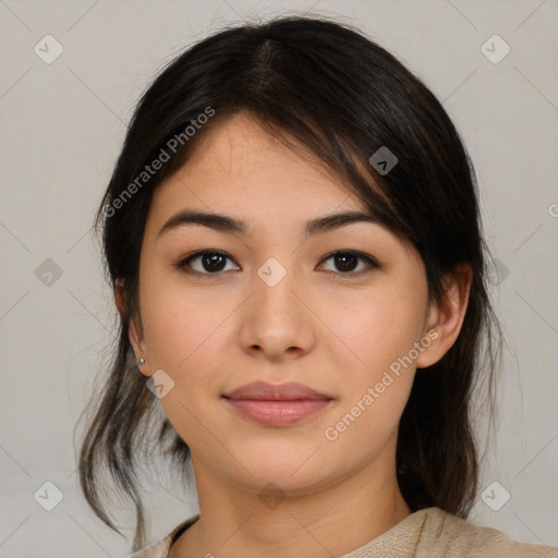 Neutral asian young-adult female with medium  brown hair and brown eyes