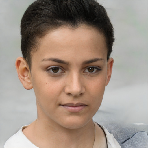 Neutral white young-adult female with short  brown hair and brown eyes