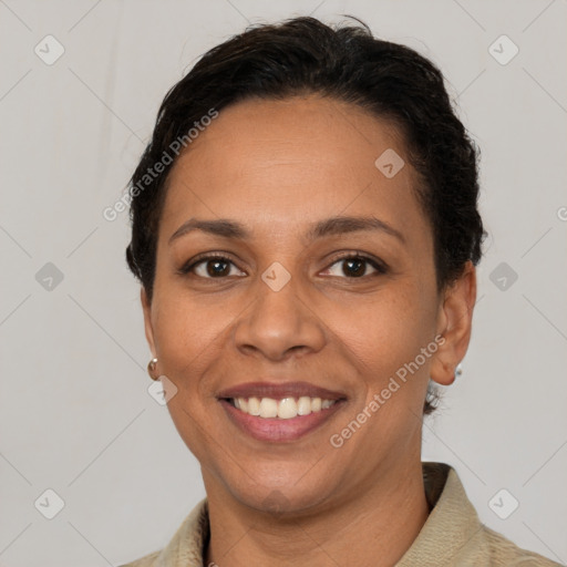 Joyful latino young-adult female with short  brown hair and brown eyes