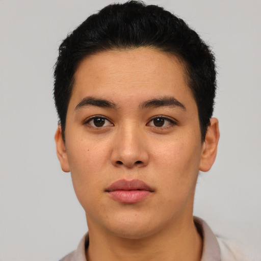 Neutral latino young-adult male with short  black hair and brown eyes