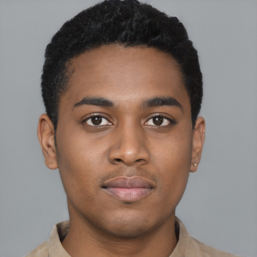 Neutral black young-adult male with short  black hair and brown eyes