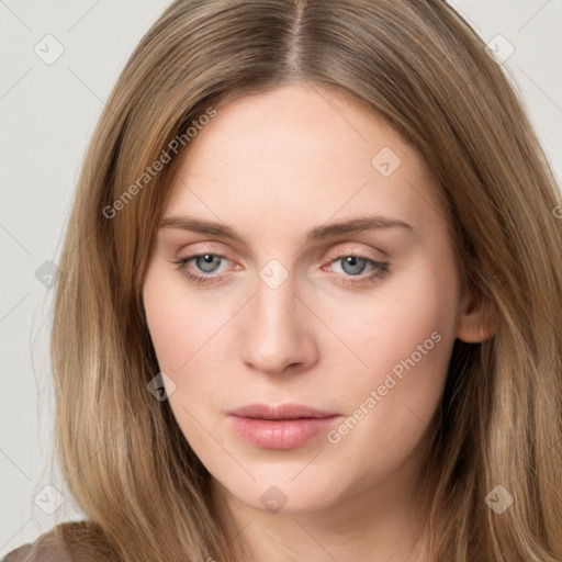 Neutral white young-adult female with long  brown hair and grey eyes