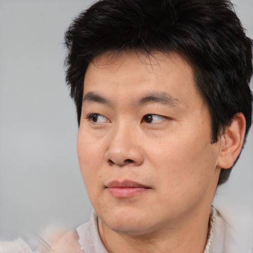 Joyful asian young-adult male with short  brown hair and brown eyes