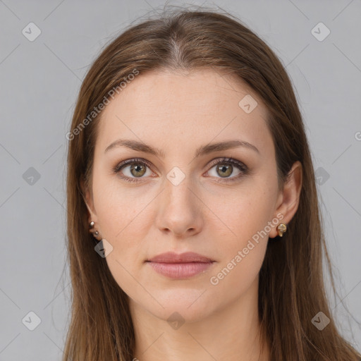 Neutral white young-adult female with long  brown hair and brown eyes