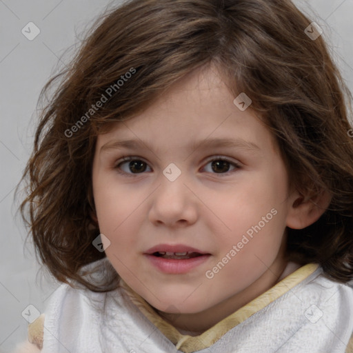 Joyful white child female with medium  brown hair and brown eyes