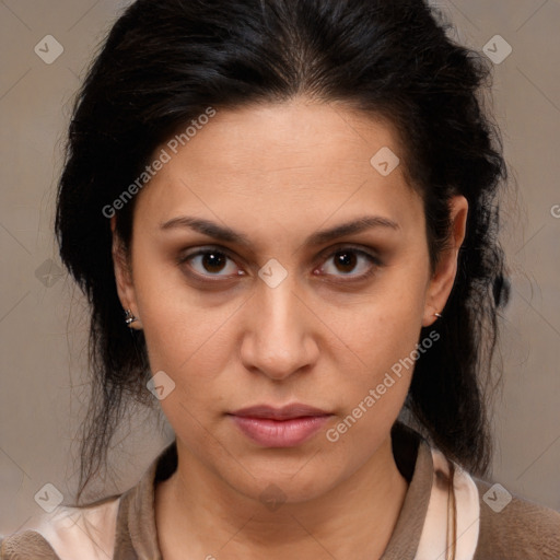 Neutral white young-adult female with medium  brown hair and brown eyes