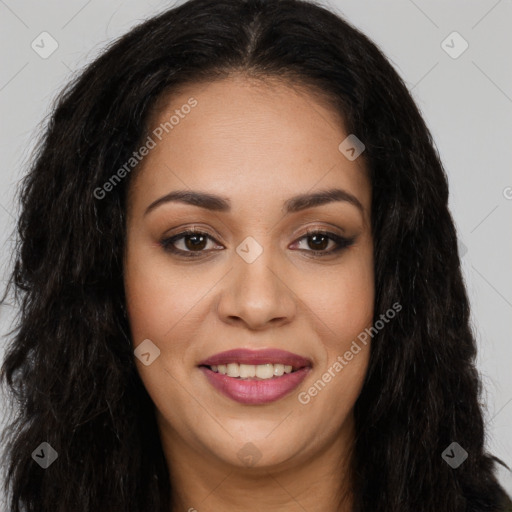 Joyful latino young-adult female with long  brown hair and brown eyes