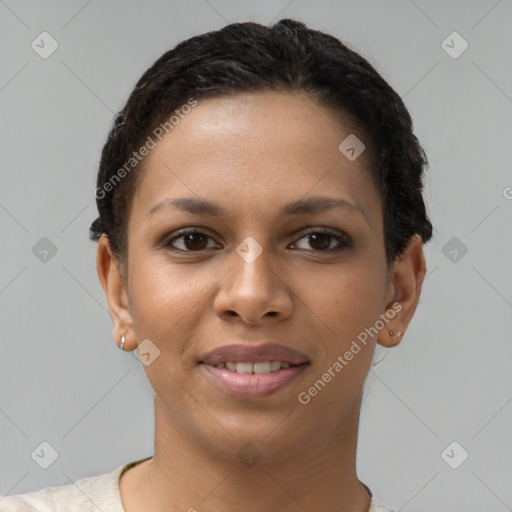 Joyful black young-adult female with short  brown hair and brown eyes