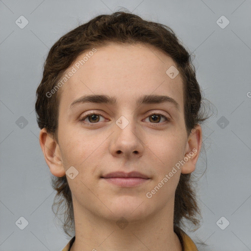 Neutral white young-adult female with medium  brown hair and brown eyes