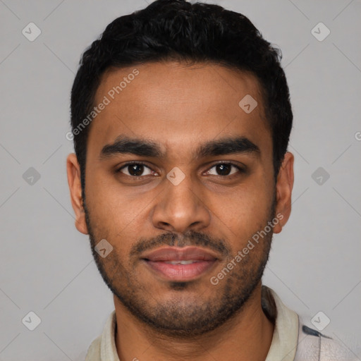 Neutral latino young-adult male with short  black hair and brown eyes