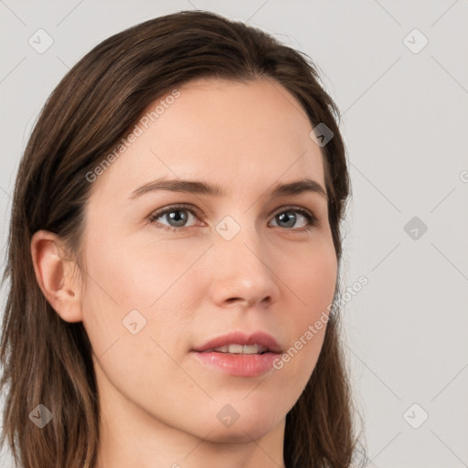 Neutral white young-adult female with long  brown hair and grey eyes