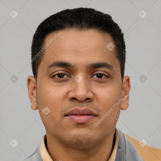Neutral latino young-adult male with short  black hair and brown eyes