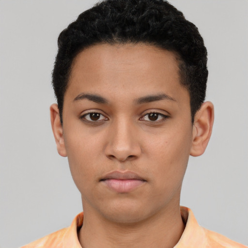 Neutral latino young-adult female with short  black hair and brown eyes