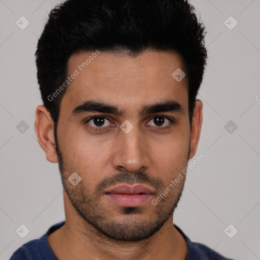 Neutral latino young-adult male with short  black hair and brown eyes