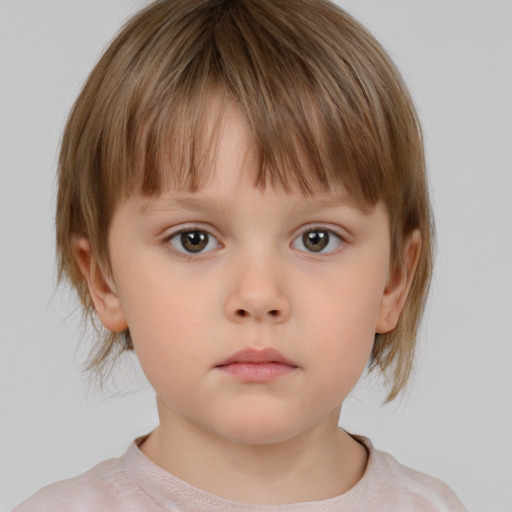 Neutral white child female with medium  brown hair and grey eyes