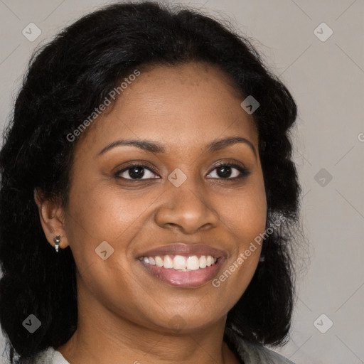 Joyful black young-adult female with medium  brown hair and brown eyes