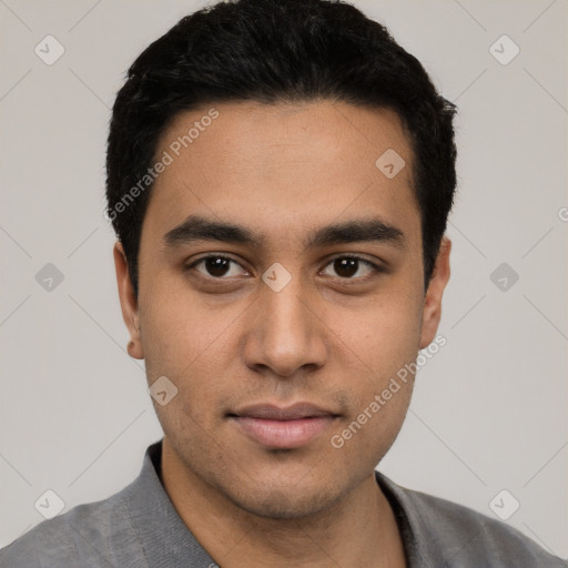 Neutral latino young-adult male with short  black hair and brown eyes