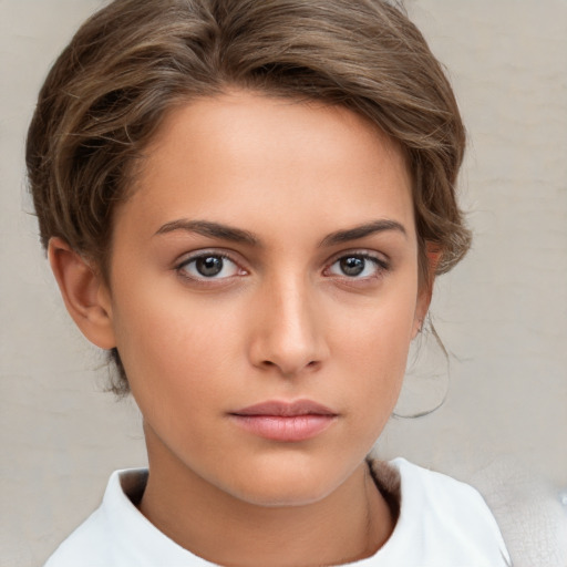 Neutral white young-adult female with medium  brown hair and brown eyes