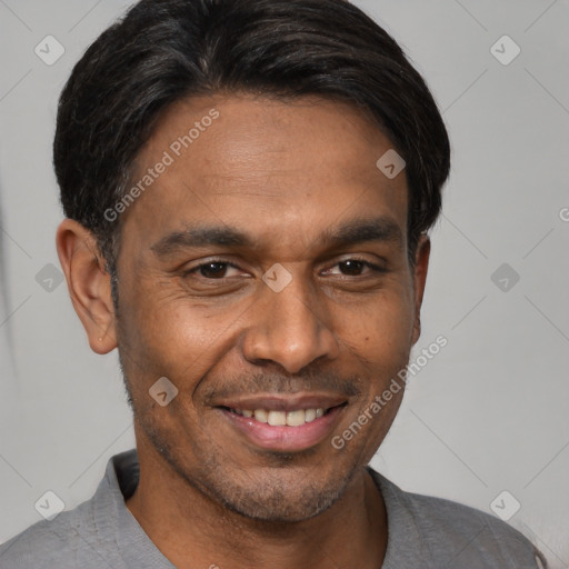 Joyful black young-adult male with short  brown hair and brown eyes