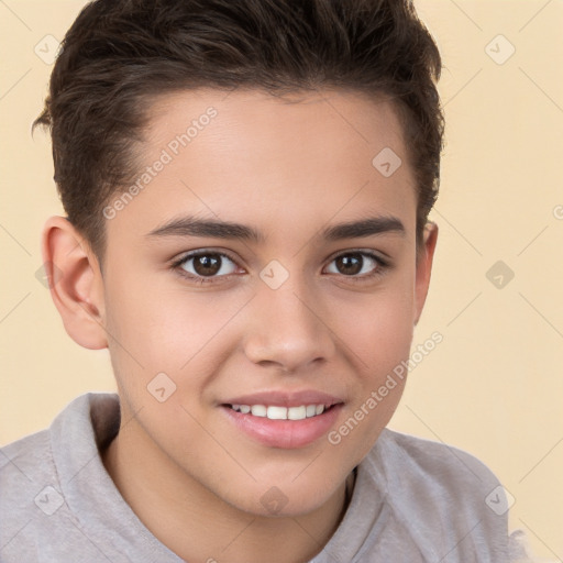 Joyful white child female with short  brown hair and brown eyes