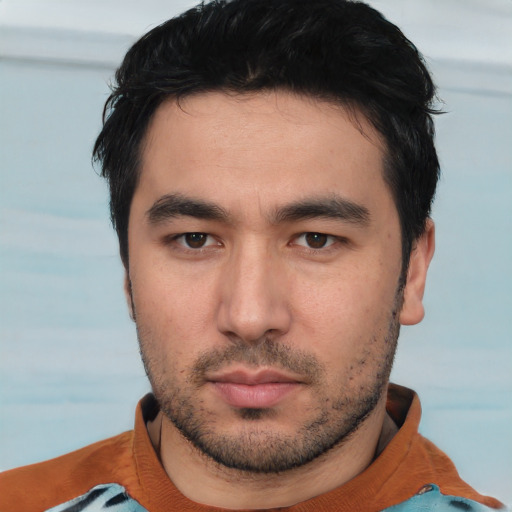 Neutral white young-adult male with short  black hair and brown eyes