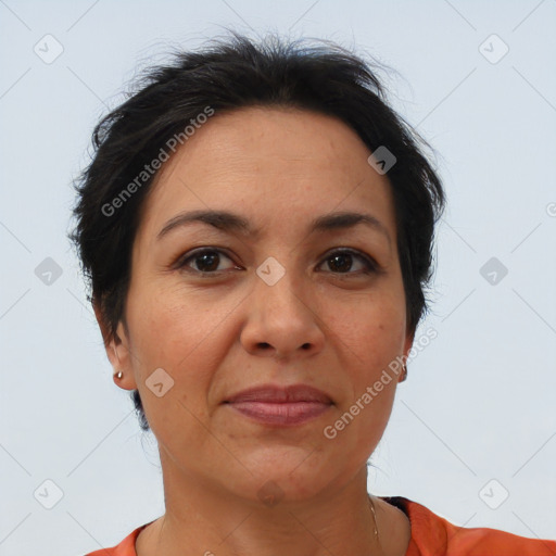 Joyful white adult female with short  brown hair and brown eyes