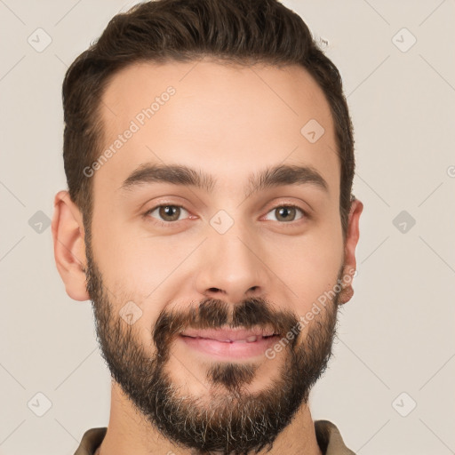 Joyful white young-adult male with short  brown hair and brown eyes