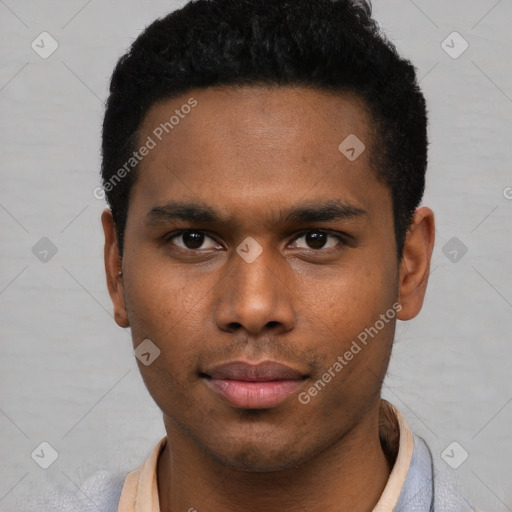 Neutral black young-adult male with short  black hair and brown eyes