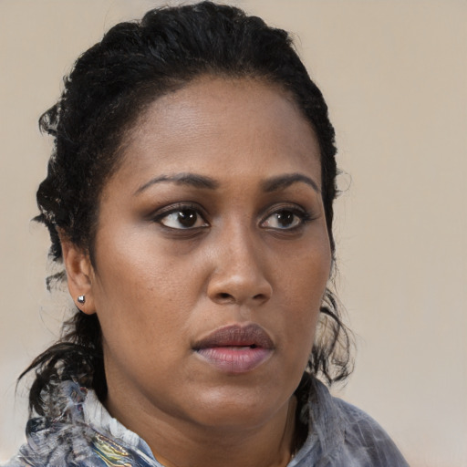 Neutral black young-adult female with medium  brown hair and brown eyes