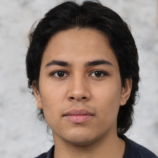 Neutral latino young-adult female with medium  black hair and brown eyes